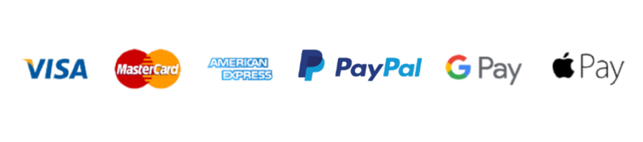 Visa, Mastercard, Amex, Paypal, Google Pay, Apple Pay